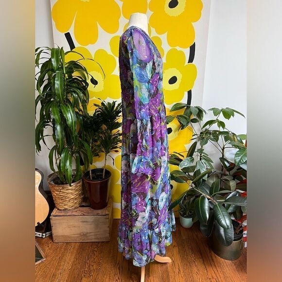 Dreamy 1960s 1970s Sheer Sleeve Smocked Flowy Flower Power Maxi Gown - Picture 9 of 13